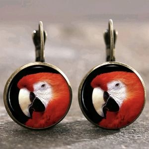 New Scarlet Macaw Glass Cabochon Bronze Lever Back Earrings.